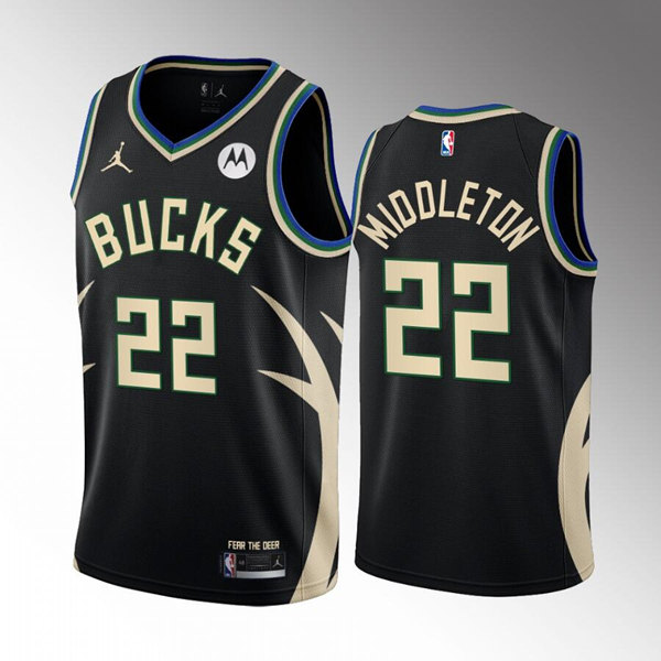 Men's Milwaukee Bucks #22 Khris Middleton 2022/23 Black Statement Edition Stitched Basketball Jersey